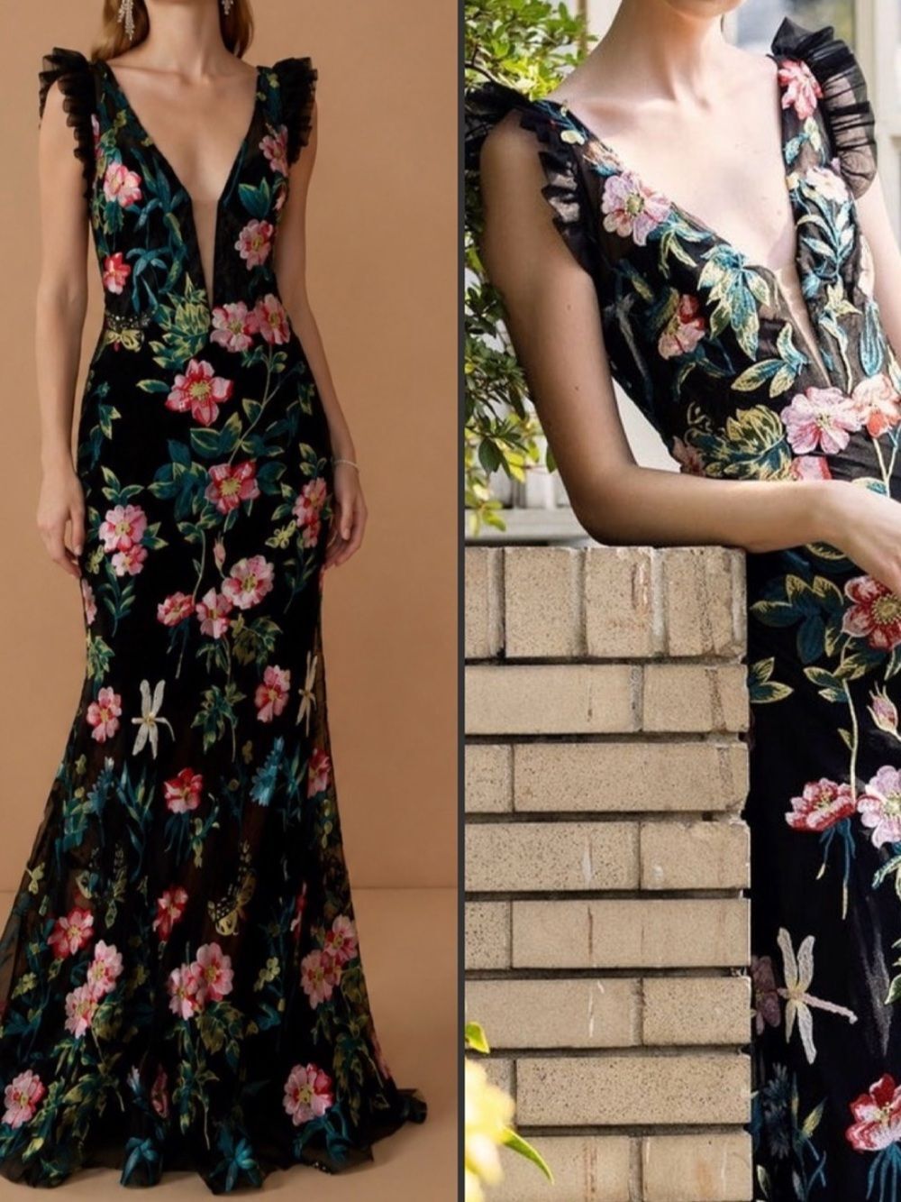 NWT Mac Duggal Embroidered Floral Plunge Neck Trumpet Gown Black Multi Size 10
